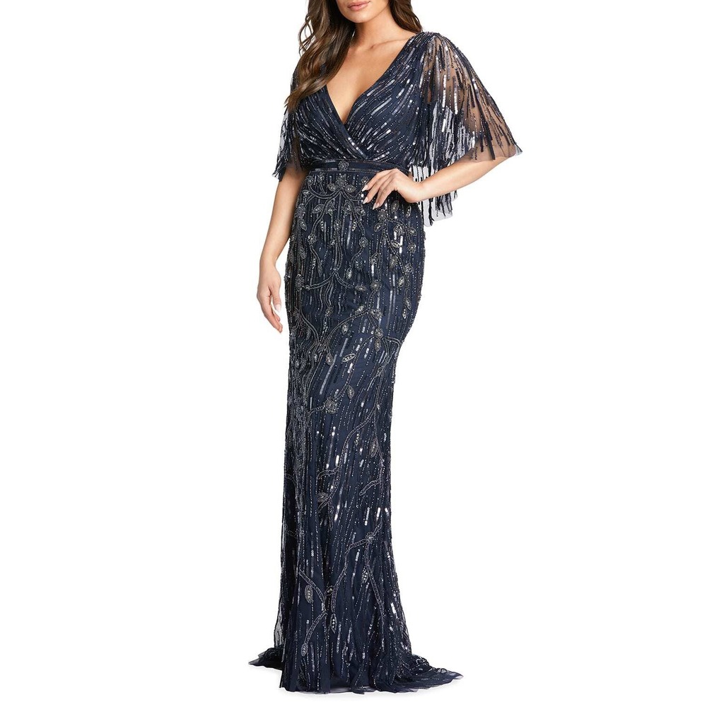 Mac Duggal NEW Navy Embellished Cap Sleeve Faux Wrap Trumpet‎ Gown $698 Size 12 - Picture 10 of 16